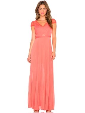 BCBGMaxAzria Coral Lace-Trim Pleated Maxi Dress Size 0